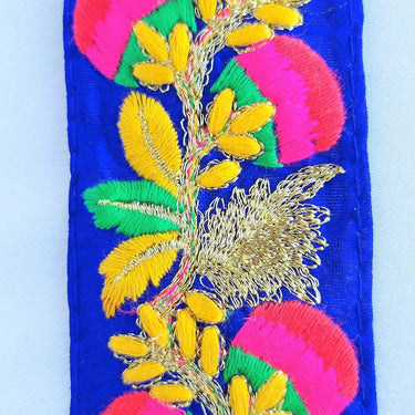 Royal Blue Art Silk Fabric Trim With Red, Pink, Green